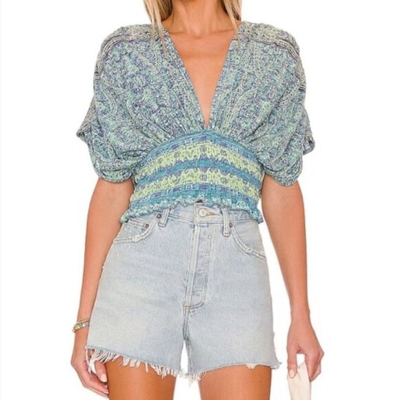 Free People Next Vacation Smocked Crop Top in Aqua Combo. Size Small. NWT! - Picture 1 of 16